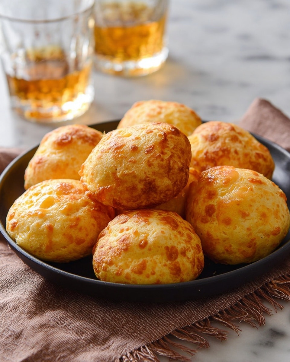 A round black plate holds about ten golden-brown cheese bread balls with a slightly rough texture and uneven tops. The cheese breads show light yellow and golden spots where the cheese has melted, giving them a soft, airy look. The plate sits on a light brown cloth with fringed edges, on a white marbled surface. In the blurred background, there are two clear glasses partly filled with a golden liquid. Photo taken with an iphone --ar 4:5 --v 7