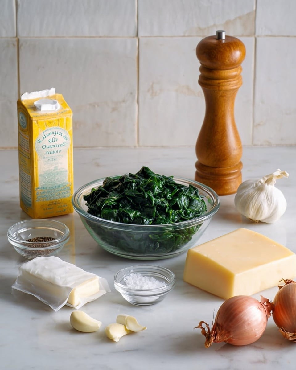 The image shows a set of ingredients arranged on a white marbled surface with a white tiled wall in the background. In the middle, there is a clear glass bowl filled with dark green cooked spinach layers. To the left of the bowl, a yellow carton of organic heavy whipping cream stands upright next to a small clear glass bowl containing a dark spice. In front of these, a small white wrapped stick of butter and two peeled garlic cloves sit side by side. On the right side of the bowl, a solid block of pale yellow cheese rests flat on the surface. Behind this, a tall wooden pepper grinder stands next to a small white marble bowl filled with white salt. In the front right corner, two whole shallots with their reddish-brown skins intact lie side by side. The overall scene is softly lit, with all items clearly visible. Photo taken with an iphone --ar 4:5 --v 7