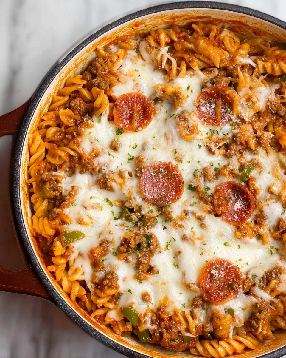 The image shows a close-up view of a layered pasta bake with three main visible layers. The base layer consists of orange ridged pasta pieces mixed with an orange tomato sauce, creating a textured, slightly glossy foundation. Scattered throughout are small chunks of cooked ground meat in light brown, along with slices of reddish pepperoni and small pieces of green bell pepper, adding bits of color and texture. The top layer is thick, melted white cheese spread unevenly across the dish, with some creamy spots and a dusting of fine grated cheese also visible. The dish looks rich, hearty, and colorful, set against a white marbled background. photo taken with an iphone --ar 4:5 --v 7