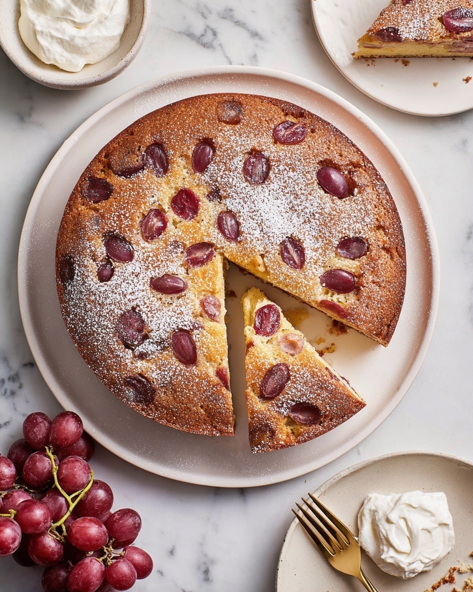 The image shows a round grape cake on a white plate with one slice cut and slightly pulled out, showing the inside texture. The cake has a golden-brown top with purple grapes evenly visible both on top and inside. The surface of the cake has a light dusting of powdered sugar. The cake looks soft and spongy with a slightly crispy crust. Nearby, there is a small white bowl with whipped cream and a white plate holding the removed slice with a gold fork beside it. A bunch of red grapes is partly visible on the lower left corner, all placed on a white marbled surface. Photo taken with an iphone --ar 4:5 --v 7