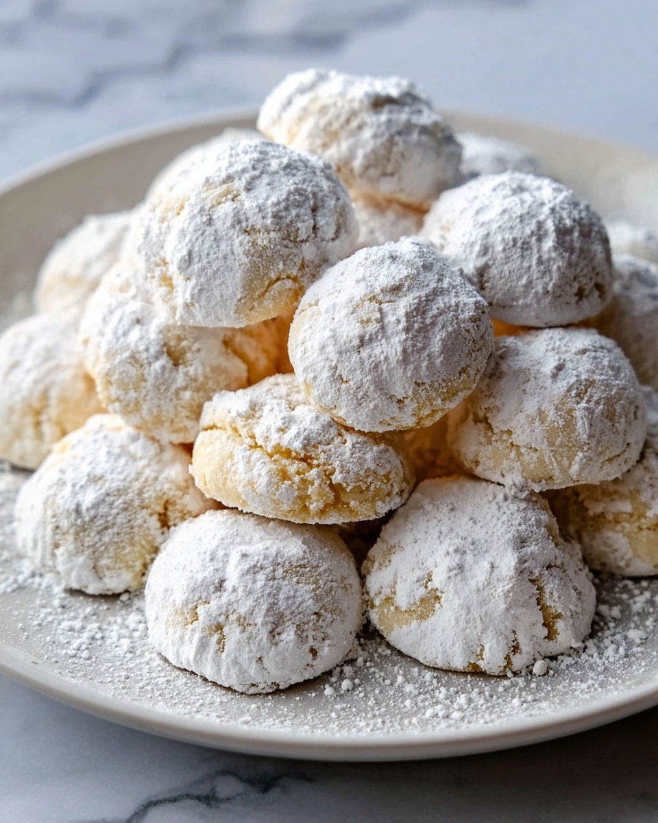 A plate filled with many small, round cookies piled on top of each other, each cookie covered in a thick layer of white powdered sugar. The cookies are pale golden underneath the sugar, showing a soft, slightly crumbly texture. The plate is white, and the surface beneath has a white marbled texture. Photo taken with an iphone --ar 4:5 --v 7