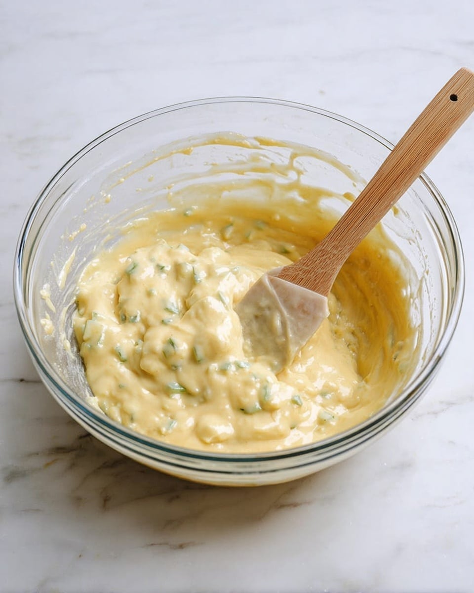 A clear glass bowl sits on a white marbled surface, filled with thick pale yellow batter mixed with small light green chunks throughout. A light brown spatula with a wooden handle rests inside the bowl, partially covered in batter on its flat side, positioned on the right. The batter looks smooth with a slightly creamy texture and visible bits evenly spread. photo taken with an iphone --ar 4:5 --v 7