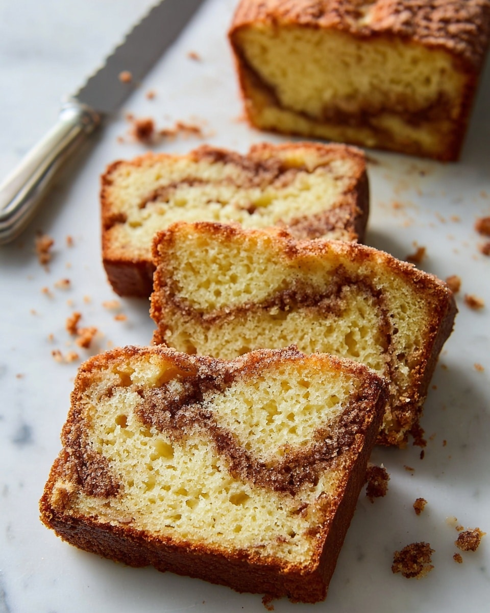 The image shows four slices of light yellow cake with visible soft texture and small holes, each slice featuring brown swirls of cinnamon filling inside. The cake has a slightly crispy, light brown crust on top. The slices are arranged in a fanned-out manner on a white marbled surface with crumbs scattered around. In the background, the rest of the loaf is partially visible, and a silver knife is placed next to the slices. Photo taken with an iphone --ar 4:5 --v 7
