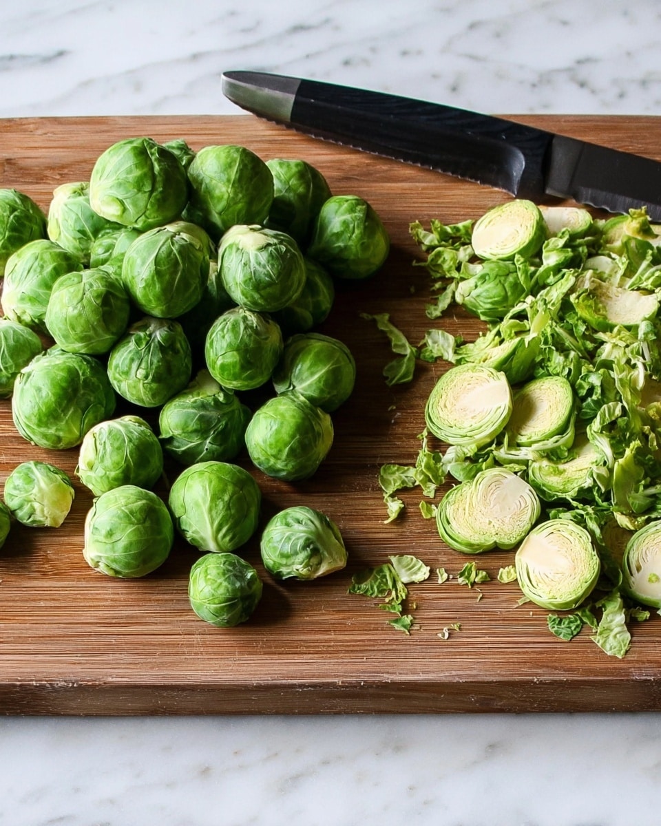 The image shows a wooden cutting board placed on a white marbled surface. On the left side of the board, there is a pile of whole fresh Brussels sprouts with bright green leaves, round and tightly packed. On the right side, there are sliced Brussels sprouts pieces, showing the light green and white inner layers with some loose leaves scattered around. A black-handled knife lies horizontally near the top edge of the cutting board, with the blade pointing to the right. The lighting is natural, highlighting the fresh texture of the Brussels sprouts. photo taken with an iphone --ar 4:5 --v 7