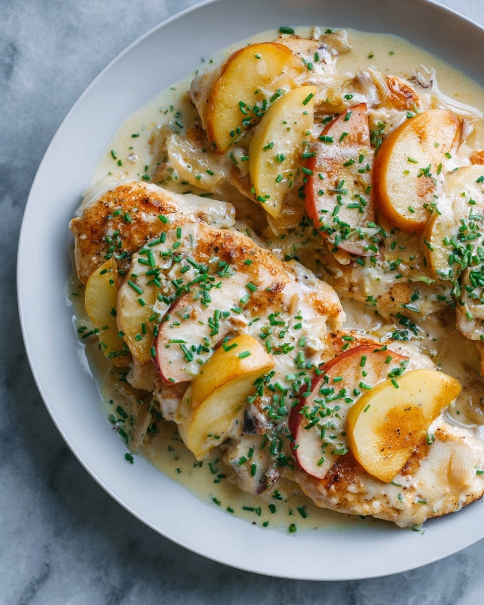 A white plate holds four pieces of golden brown cooked chicken layered evenly, each piece covered with a creamy sauce that has small bits of onion and herbs. Around and on top of the chicken are slices of soft yellow and red cooked apples that add color and texture. Bright green chopped chives are sprinkled generously over the whole dish, adding a fresh touch and contrast. The creamy sauce pools lightly at the bottom of the plate, blending into the layers. The plate sits on a white marbled surface, and the image is close-up showing the details of the textures and colors clearly. photo taken with an iphone --ar 4:5 --v 7