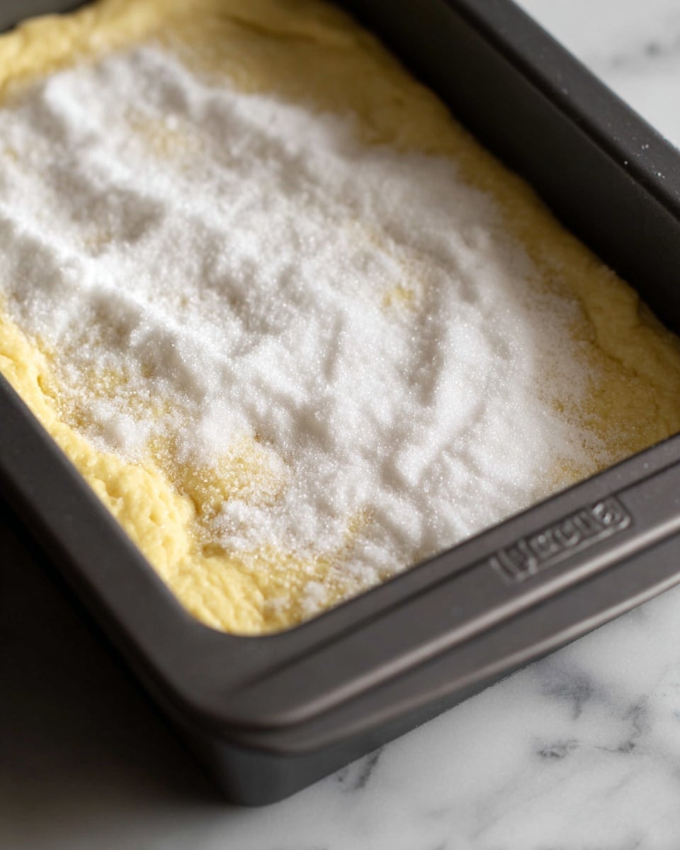 A close-up image shows a rectangular dark gray metal baking pan with a thick layer of pale yellow dough pressed against the sides and bottom. The dough layer is topped with a generous, uneven sprinkle of white granulated sugar, covering most of the dough surface. The pan rests on a white marbled surface that adds soft contrast to the dark pan and light dough. Photo taken with an iphone --ar 4:5 --v 7