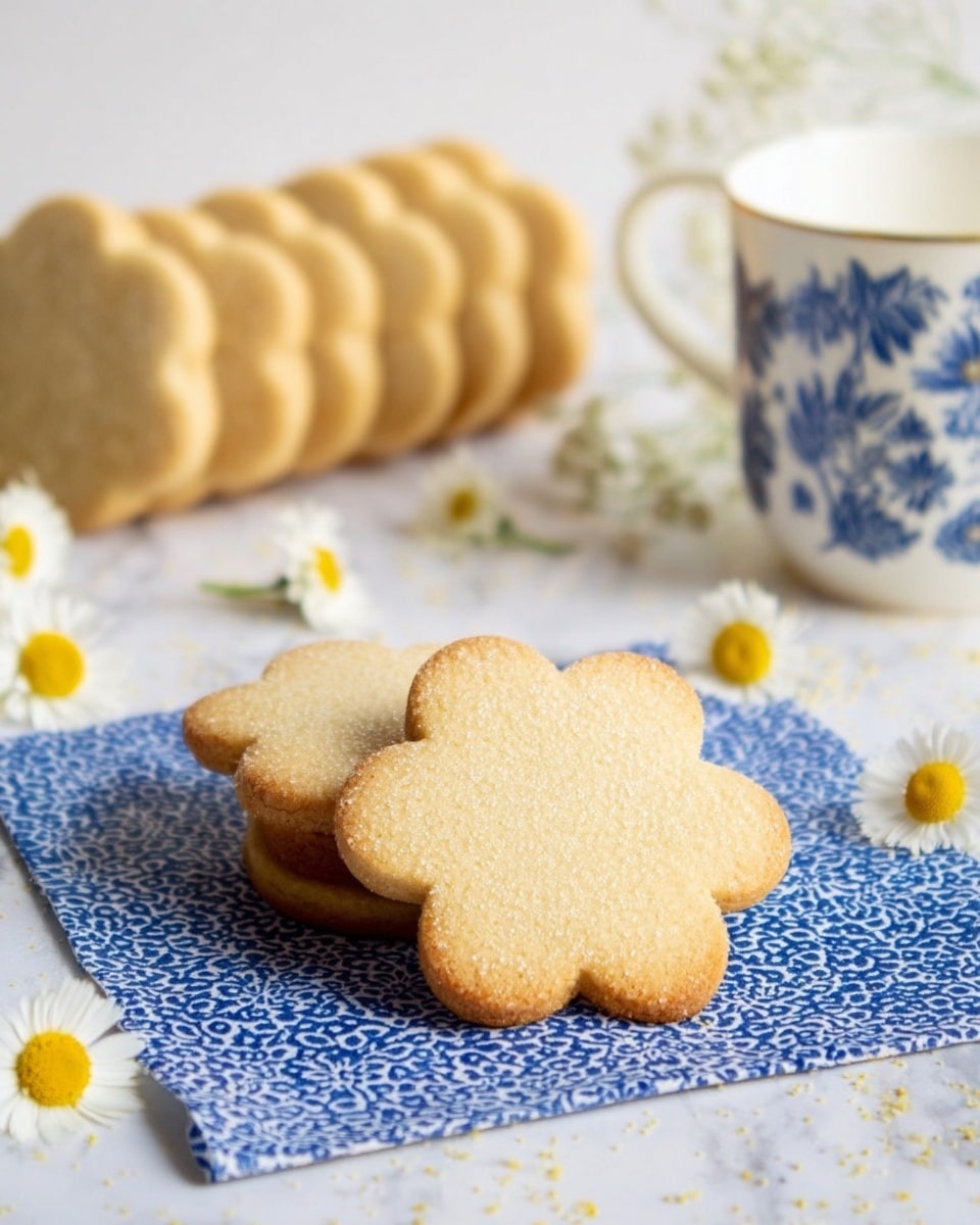 The image shows two flower-shaped light golden cookies with a slightly grainy texture on a blue and white patterned cloth, placed on a white marbled surface. Behind them, a row of similar cookies is lined up, all evenly baked and light brown. Small white daisies with yellow centers are scattered around for decoration. To the right, a white cup with blue floral patterns is partly visible, and in the background, there is a blurry stack of more cookies. The scene is bright and airy, with soft natural lighting. photo taken with an iphone --ar 4:5 --v 7
