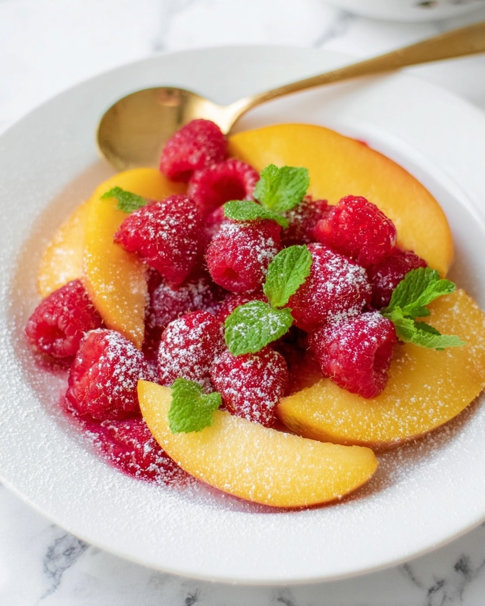 The image shows a white plate holding a colorful fruit dish with two main layers. The bottom layer has several slices of yellow peach with a smooth texture, arranged in a circle. On top of the peach slices, there is a layer of bright red raspberries with a bumpy, detailed surface. Small green mint leaves are placed between the fruits, adding fresh color accents. A light dusting of white powdered sugar is sprinkled over the fruit, adding a soft texture shine. In the background, part of a gold spoon is visible resting on the plate, and the surface beneath the plate has a white marbled texture. Photo taken with an iphone --ar 4:5 --v 7