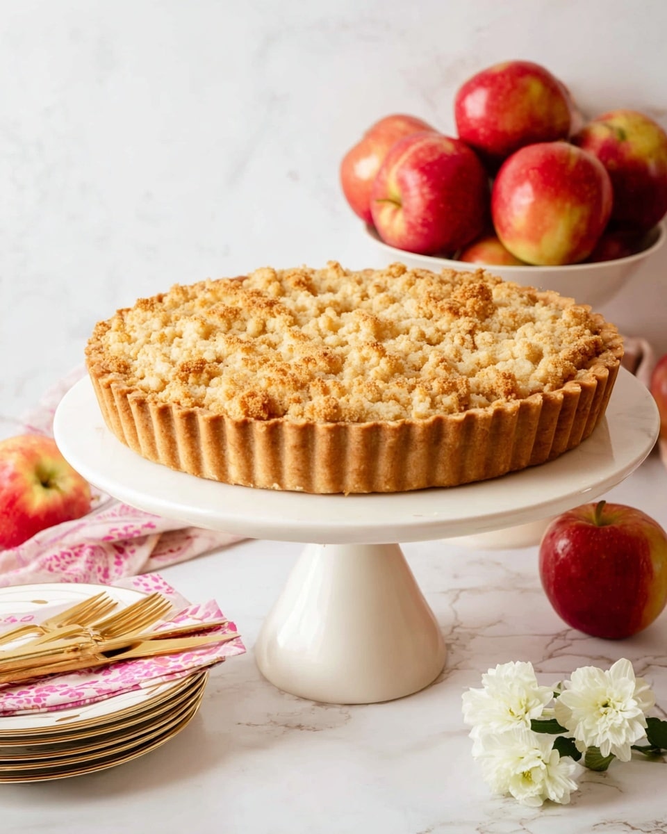 A round apple crumble pie sits on a white cake stand with a thick stem and round base. The pie has a golden brown crust with fluted edges and a crumbly, light golden topping made of uneven small clusters. The background includes fresh red apples with patches of yellow and a glossy surface, arranged beside the cake stand on a white marbled surface. Next to the apples are a stack of white plates with gold rims and a pink patterned napkin on top, and three gold forks lie to the side. Three small white flowers rest on the marble near the front. The photo taken with an iphone --ar 4:5 --v 7