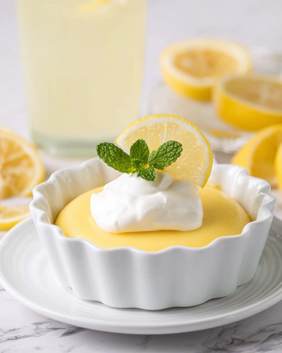 The image shows one white scalloped bowl filled with smooth yellow lemon pudding. On top of the pudding is a thick, white dollop of whipped cream placed near the center. Behind the cream, there is a small lemon wedge with bright yellow skin and translucent flesh standing upright. Next to the lemon wedge, on the pudding surface, is a sprig of fresh green mint leaves. The bowl sits on a white saucer on a white marbled surface. In the blurred background, there is a tall glass of pale yellow lemonade and a lemon slice lying flat. Photo taken with an iphone --ar 4:5 --v 7
