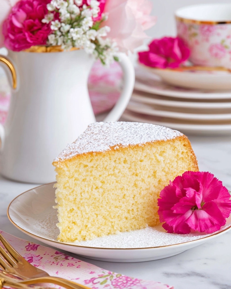 A round cake with a golden brown top covered lightly with powdered sugar sits on a white plate. Two triangular slices are placed beside the cake, showing a soft and moist yellow interior with a slightly darker crust. Around the plate, there are pink carnations and five gold forks arranged on the white marbled surface. A small white plate with a pink patterned napkin is nearby. The overall scene is bright and clean, with a soft and fresh look. photo taken with an iphone --ar 4:5 --v 7
