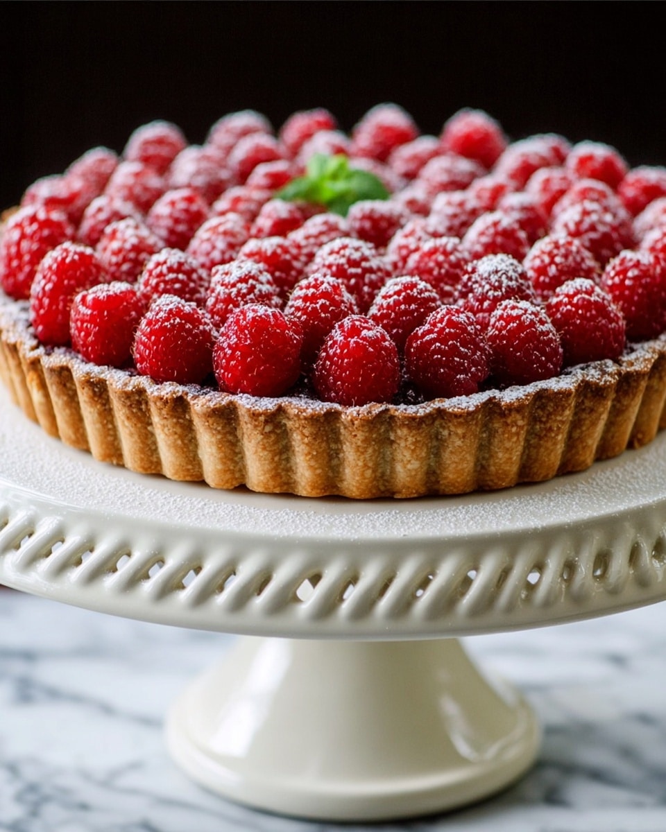 A round tart with three visible layers: the bottom layer is a thick, golden-brown crust with a slightly rough texture and crimped edges, the middle layer is barely seen but appears thin and smooth, and the top layer is fully covered with bright red raspberries standing upright in neat rows. The raspberries are dusted lightly with white powdered sugar. The tart sits on a white ceramic cake stand with a patterned edge and pedestal base. The background is a white marbled surface. Photo taken with an iphone --ar 4:5 --v 7