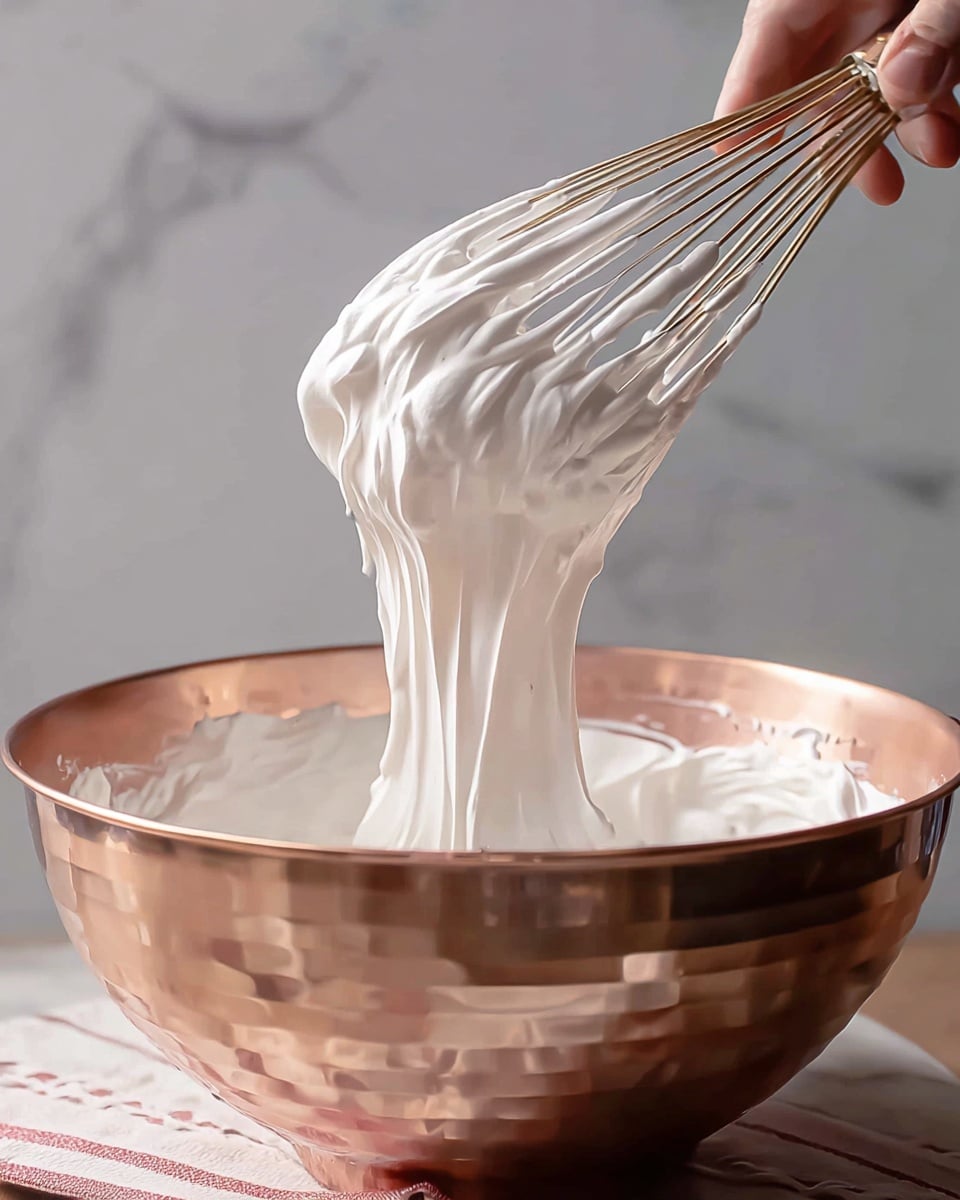 A close-up image shows thick, fluffy white whipped cream being lifted by a whisk held by a woman's hand. The whipped cream forms soft peaks with a smooth, creamy texture, stretching slightly between the whisk wires. This is happening inside a shiny metallic bowl with a warm copper color that reflects light and some shadows. The background features a white marbled texture. photo taken with an iphone --ar 4:5 --v 7