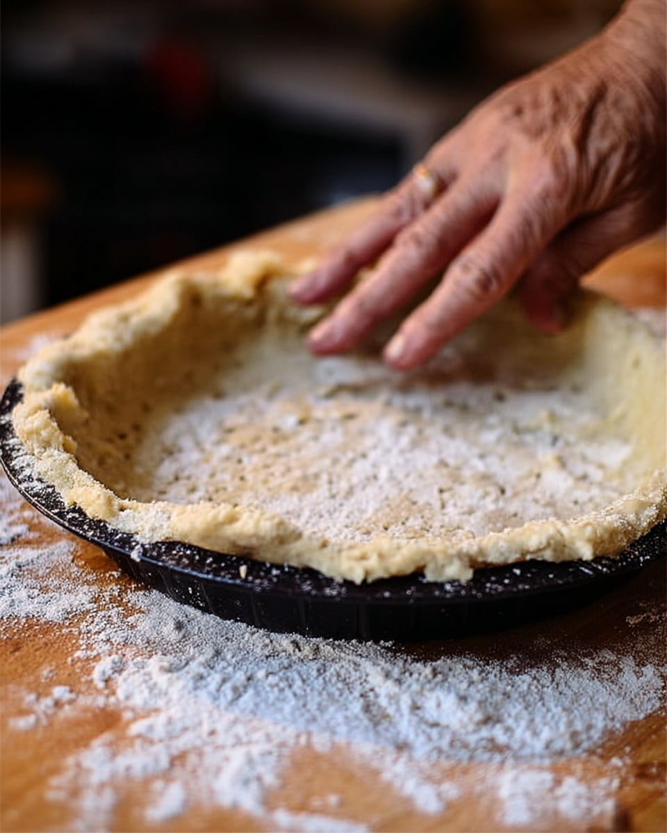 A close-up shot shows a woman's hand pressing a soft, pale dough evenly into a round black pie dish, with the edges folded over the rim. The surface beneath is covered with white flour scattered on a wooden board. The dough has a slightly rough texture with visible holes made by the woman's fingers evenly spread across the base. The scene is warm and focused on the pie-making process, photo taken with an iphone --ar 4:5 --v 7
