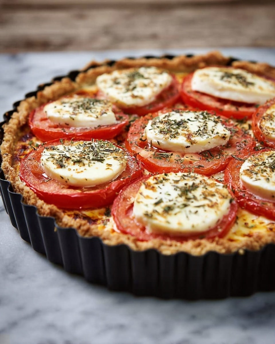 A round tart in a dark fluted baking pan with a golden-brown crust that is thick and crumbly around the edges. The tart is filled with thick slices of red tomatoes arranged flat and close together, covering the bottom layer. On top of the tomato slices are evenly spaced rounds of white cheese that have a slightly browned, toasted surface and soft texture. The cheese rounds are sprinkled with small green dried herbs, adding a touch of color and texture contrast. The whole tart rests on a white marbled surface photo taken with an iphone --ar 4:5 --v 7