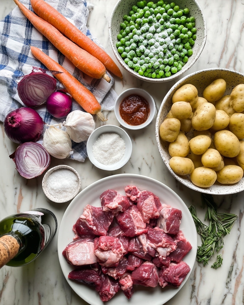 A collection of raw cooking ingredients is arranged on a white marbled surface. In the foreground, there is a white plate filled with pieces of raw red meat with white fat veins. To its top right, a white bowl holds several small yellow potatoes. Above the potatoes, a white speckled bowl is full of green peas covered lightly in frost. To the left of these bowls, a white and blue checkered cloth lies flat, holding a group of whole vegetables including two large orange carrots placed horizontally, several small red onions clustered together, a large brown onion, two purple and white round root vegetables, and a bulb of garlic with purple streaks. Near the top left corner, two small white bowls sit side by side, one filled with white powder and one with a small amount of red paste. A few sprigs of leafy herbs rest on the cloth between the bowls and vegetables. At the bottom left corner, a green wine bottle with a cork is laying down with the neck pointing towards the plate of meat. Photo taken with an iphone --ar 4:5 --v 7