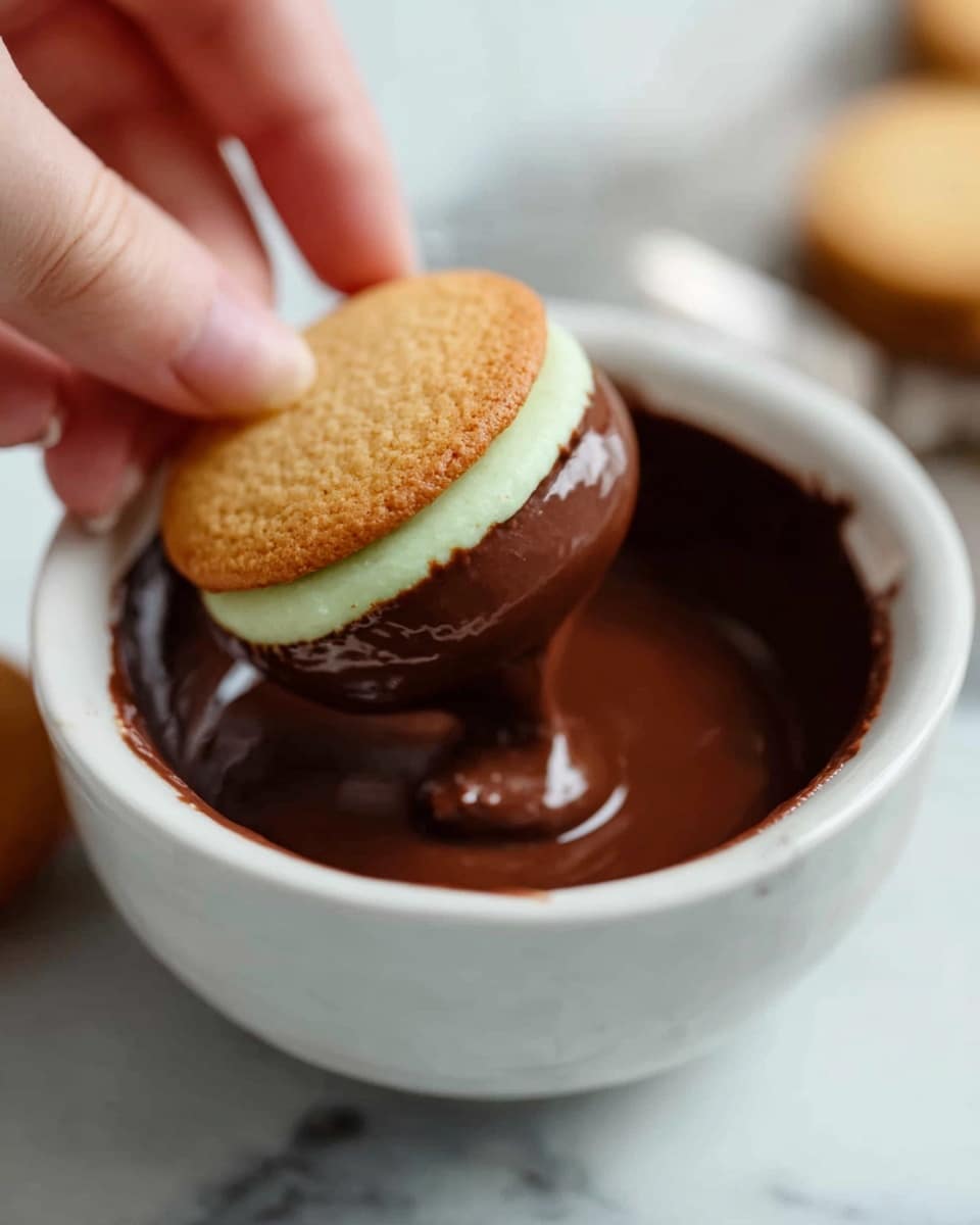 A woman's hand is holding a small sandwich cookie with two golden brown outer layers and a light green cream filling between them, dipping it into a white bowl filled with smooth, dark brown chocolate sauce. The chocolate sauce has a shiny, thick texture that looks soft and rich. The bowl sits on a white marbled surface, and part of a blurred object is visible in the background. Photo taken with an iphone --ar 4:5 --v 7
