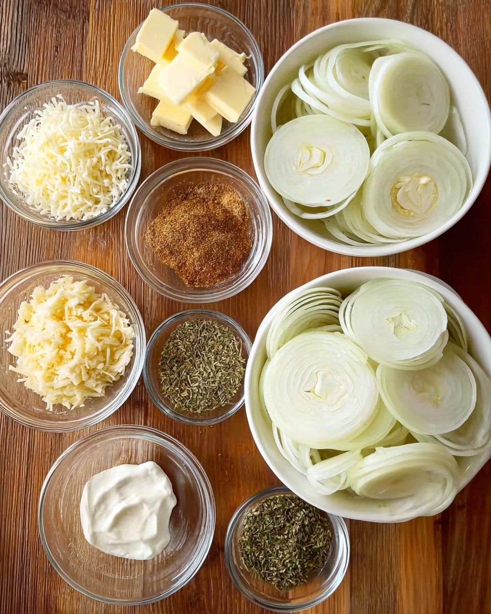 The image shows several clear glass bowls and two white bowls on a wooden surface. The largest white bowl on the bottom right is filled with many thin, round slices of white onion. The second large white bowl on the top right contains thin onion slices and several cubes of pale yellow butter on top. Surrounding these are smaller clear glass bowls with different ingredients: one with shredded white cheese, one with mixed green herbs, one with several small yellowish butter pieces and light brown seasoning, one with brown and green spices, one with green dried herbs, and two with white creamy ingredients. The bowls are arranged neatly and evenly spaced. Photo taken with an iphone --ar 4:5 --v 7