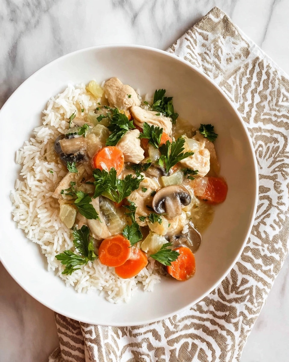 A white bowl filled with a base layer of fluffy white rice, topped with a stew of vegetables and chicken. The stew has sliced orange carrots, light brown mushroom slices, chunks of light-colored chicken, and bits of pale green celery, all mixed in a light sauce. Fresh green parsley leaves are sprinkled on top for color. The bowl is placed on a beige and white patterned cloth, on a white marbled surface. Photo taken with an iphone --ar 4:5 --v 7