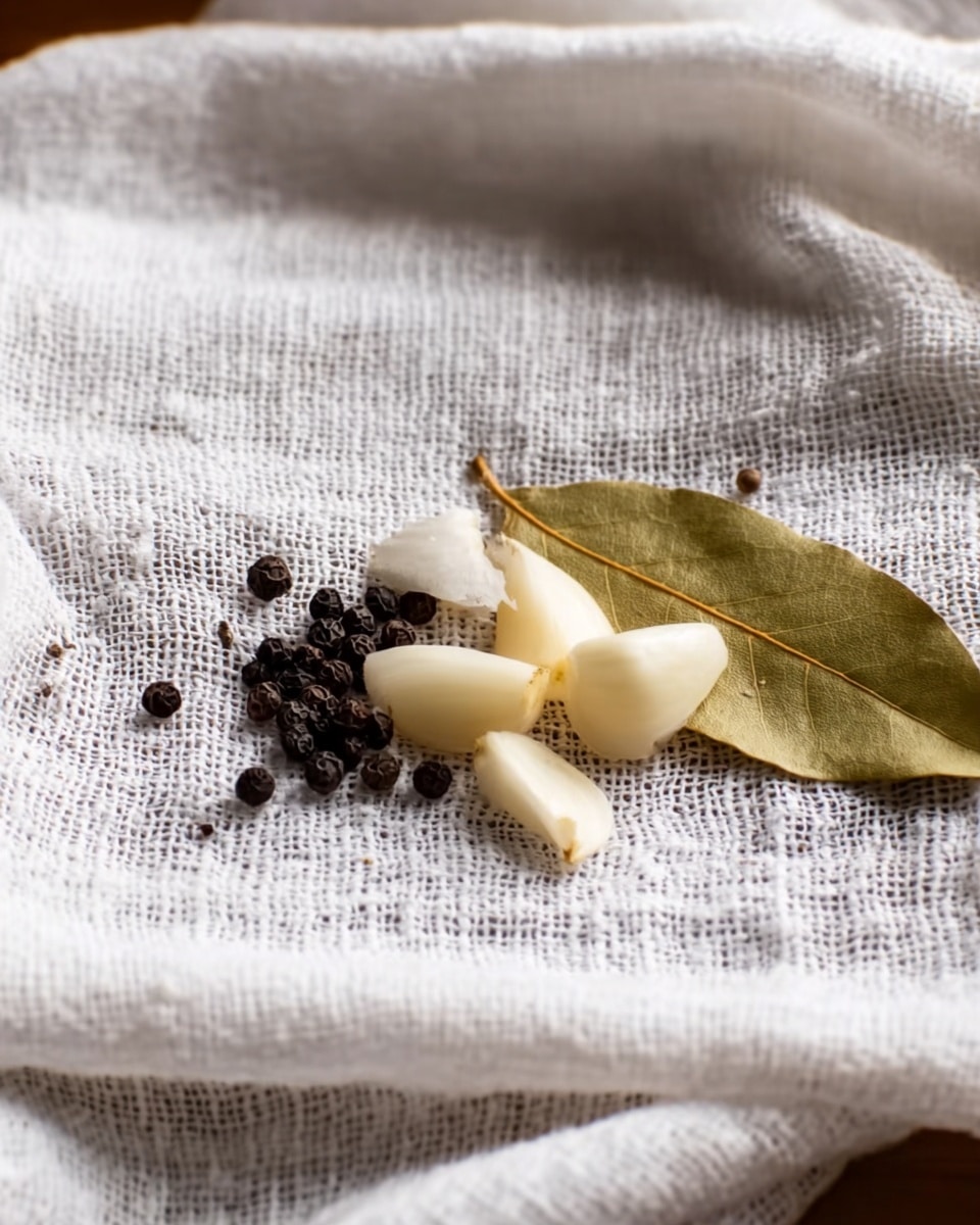 A close-up image showing a small pile of spices arranged on a lightly wrinkled white cheesecloth. The pile consists of several small black round peppercorns scattered near a few cloves of peeled, raw white garlic with smooth, shiny texture, and an olive green dried bay leaf placed slightly to the side. The white cheesecloth provides a soft, textured background with its loose, woven pattern. The photo taken with an iphone --ar 4:5 --v 7