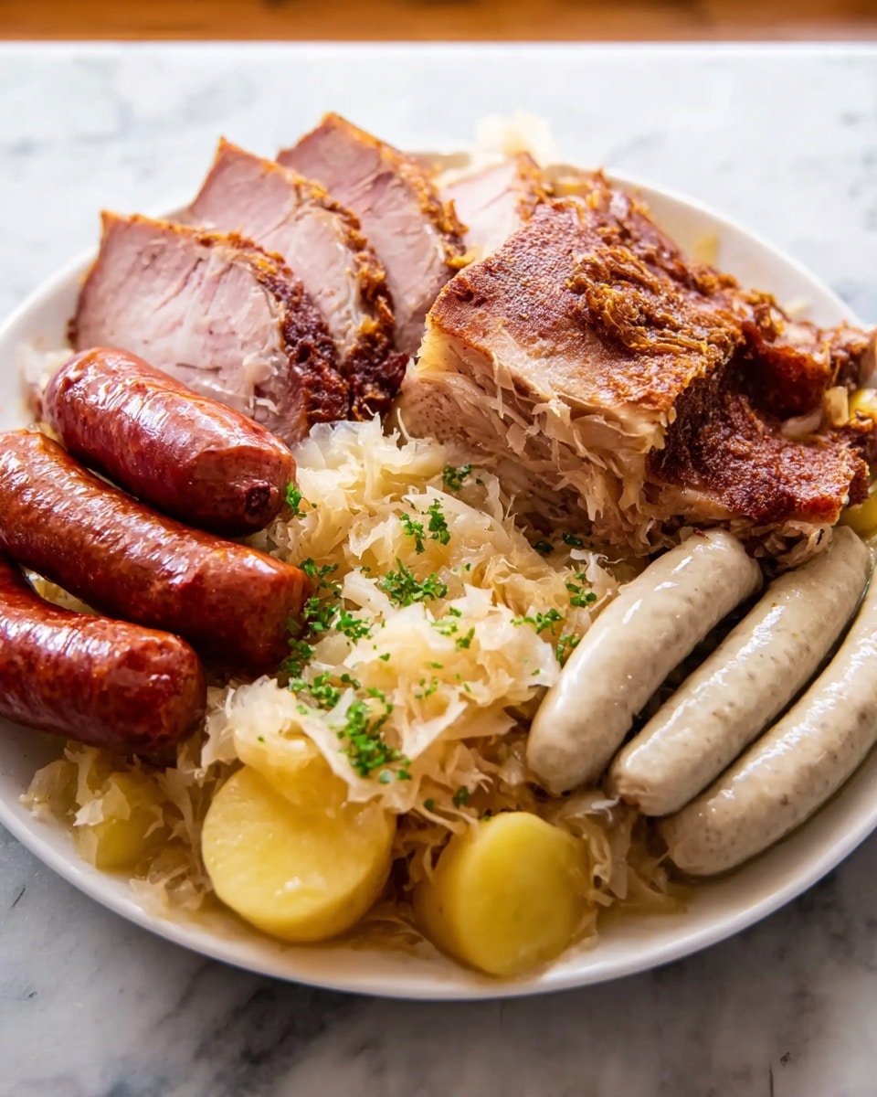 A large white plate filled with several layers of food placed on a white marbled surface: the bottom layer is a bed of light creamy sauerkraut mixed with small chunks of cooked potatoes in soft yellow color. On top of the sauerkraut, there are thick slices of smoked meat with a brownish-red crust, showing a tender inner texture. To one side of the plate, two white sausages with light herb specks lie next to the meat, and across them are several reddish-brown smoked sausages. In the center, a large smoked ham hock with rough texture and crispy skin rests prominently, partially covered in shredded sauerkraut. Photo taken with an iphone --ar 4:5 --v 7