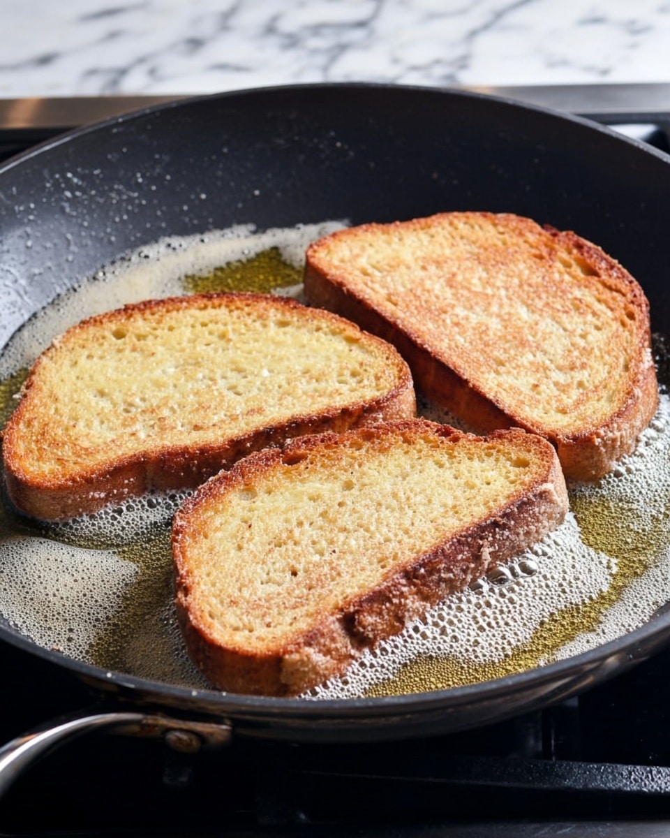 A close-up image shows three slices of bread cooking in a black frying pan on a stovetop. Each bread slice is coated with a light layer of batter, giving them a pale, creamy color with a slightly coarse texture. The bread edges are a warm golden brown crust, contrasting with the lighter batter surface. The frying pan holds melted butter, which is bubbling gently around the bread slices, adding a shiny texture to the scene. The background features a white marbled surface visible near the stove. photo taken with an iphone --ar 4:5 --v 7