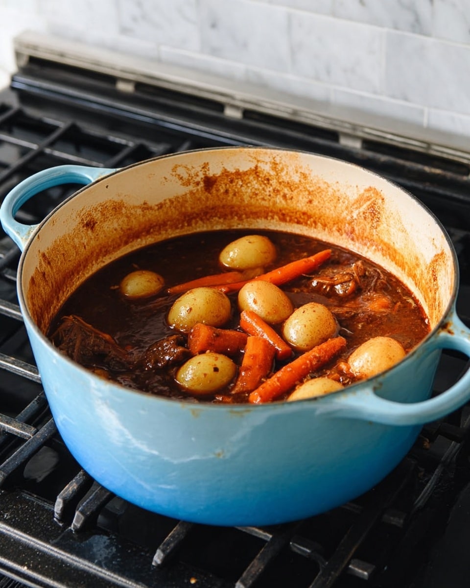 A large light blue pot filled with a cooked stew sits on a black stove with a white marbled background. The stew has two visible layers: the bottom layer is dark brown with a rich, thick sauce, and above it are pieces of orange carrots and whole, cooked small potatoes with a soft golden color, mixed in the sauce. The pot shows light brown stains on the inside rim from cooking. Photo taken with an iphone --ar 4:5 --v 7
