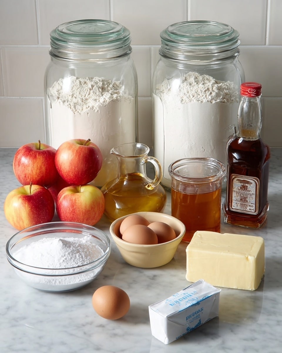 A white marbled surface holds baking ingredients arranged in two rows: in the back row, two large glass jars filled with white flour and sugar stand side by side; beside them are two bright red and yellow apples, a small clear glass pitcher with golden honey, and a brown bottle of vanilla extract. In the front row, from left to right, there is a clear glass bowl with powdered sugar, a small beige bowl with white granulated sugar, two brown eggs, a stick of butter in white and blue wrapping, and a white container of baking powder. The background is a white tiled wall. photo taken with an iphone --ar 4:5 --v 7