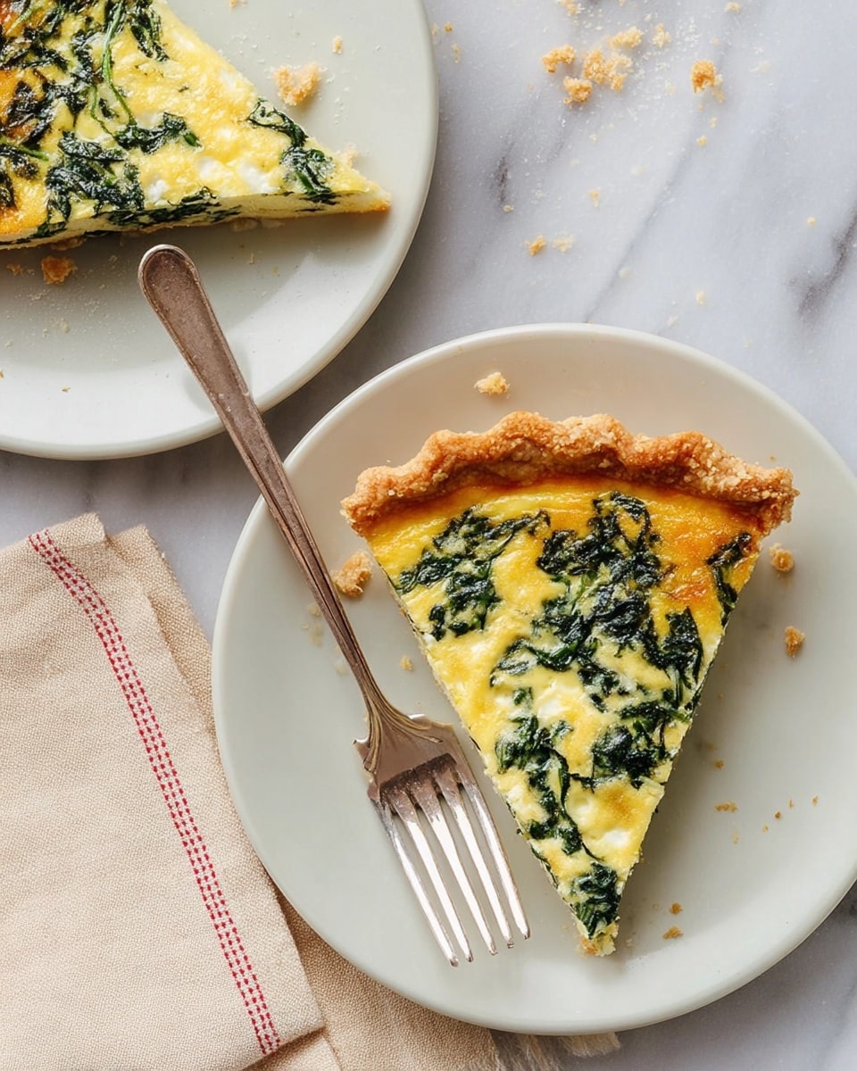 The image shows two pieces of quiche on separate white plates. The quiche slices have three visible layers: a golden brown, flaky crust forming the outer edge; a thick yellow egg mixture filling the middle; and dark green spinach spread unevenly throughout the egg layer. Each slice is placed near a silver fork. The background surface has a white marbled texture with some crumbs scattered around, and a beige cloth with a red stitched edge lies near one of the plates. Photo taken with an iphone --ar 4:5 --v 7