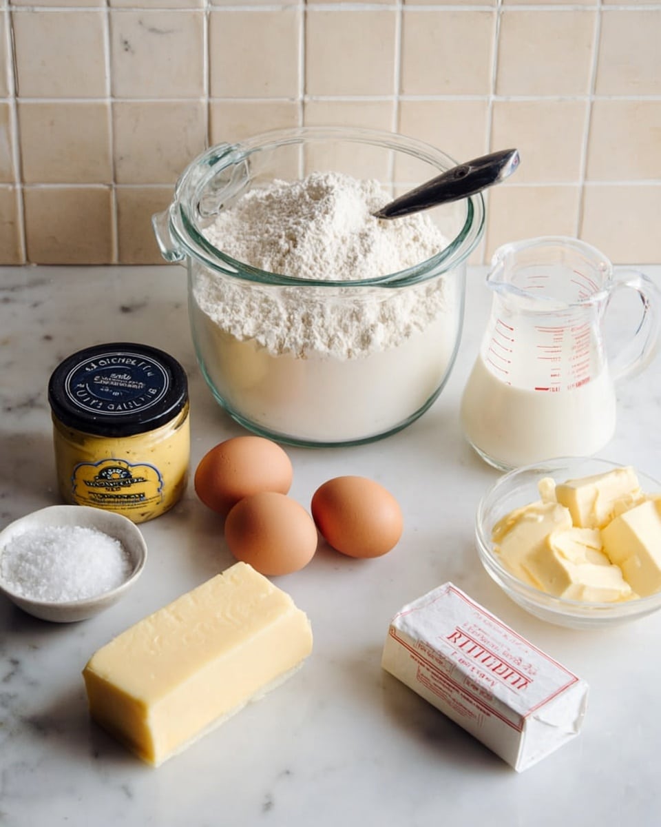 A clear glass container filled halfway with white flour and a dark spatula inside is placed at the center back on a white marbled surface. In front of it, there are four brown eggs arranged in a small cluster. To the left, a small white bowl filled with white salt sits next to a yellow block of cheese and a jar of yellow Dijon mustard with a black lid. On the right side, there is a clear glass measuring cup with white milk inside and a white package of butter with red writing. The background has light cream tiles. Photo taken with an iphone --ar 4:5 --v 7