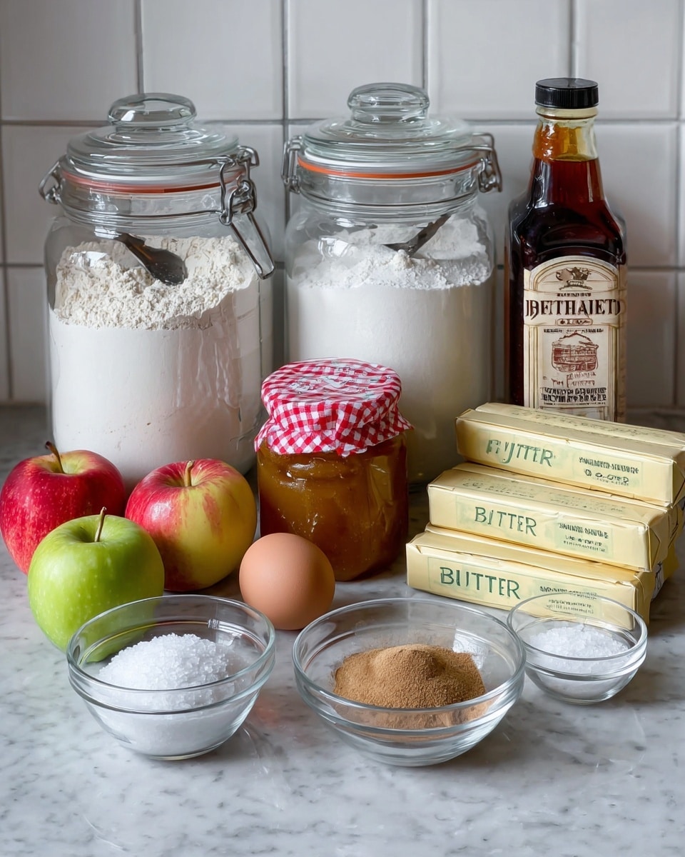 The image shows a white marbled surface with baking ingredients neatly arranged. At the back, there are two large clear glass jars with lids; the left jar is filled with white flour and has a metal spoon inside, the right jar contains white sugar. Three apples sit in the front left: two red and one green. In front of the apples is a brown egg. Next to the egg is a small clear glass bowl with ground cinnamon, and beside it is another clear glass bowl with light brown sugar. A small white marble bowl with coarse salt is placed near the center. Two sticks of unsalted butter wrapped in yellow paper labeled