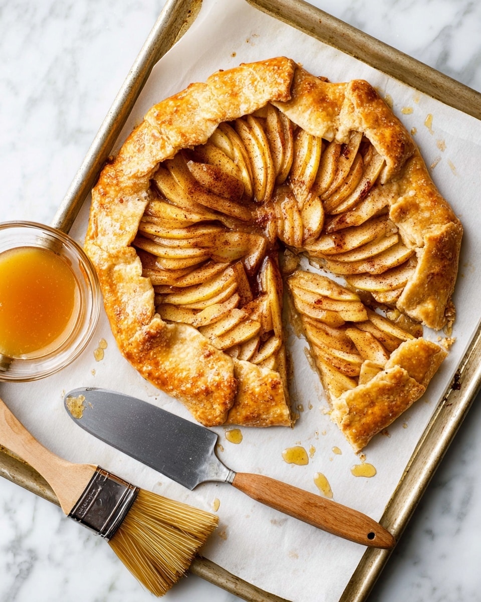 A round apple galette with golden, flaky crust folded over the edges of thinly sliced apples arranged in overlapping layers in the center, showing a spiced cinnamon coating on the fruit. A slice is removed, revealing the soft apples inside. Next to the galette is a small clear bowl with an orange glaze or sauce and a wooden brush with golden syrup on its bristles. A flat metal pie server with a wooden handle sits below the galette. All items are placed on a white marbled surface with a baking sheet and parchment paper underneath the galette. Photo taken with an iphone --ar 4:5 --v 7