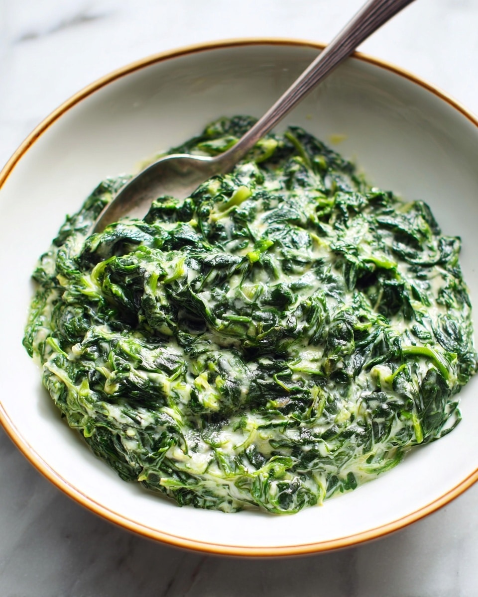 A close-up view of creamy cooked spinach served in a white bowl with a thin tan rim. The spinach is dark green with lighter green highlights, showing its soft and slightly chunky texture mixed with creamy white sauce throughout. A silver spoon rests inside the bowl, partially buried in the spinach, with its handle extending out to the right. The bowl sits on a surface with a white marbled texture, creating a clean and bright setting. photo taken with an iphone --ar 4:5 --v 7