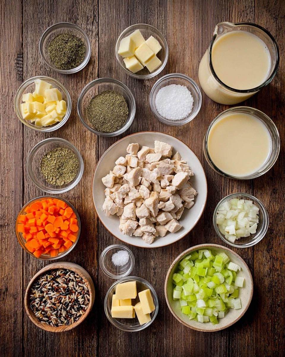 The image shows an overhead view of various small white bowls and glass containers arranged on a brown wooden surface, each holding different cooking ingredients. In the center is a large white plate filled with small, uneven cubes of cooked light beige chicken. Surrounding it, several small bowls contain green dried herbs, pale yellow butter chunks, black pepper, minced garlic, white flour, coarse salt, orange carrot cubes, diced white onions, and diced green celery. There is a mixed bowl of wild rice with grains in black, brown, and white colors. Two glass containers hold a light cream liquid and a pale yellow broth. No woman's hand is visible in this image. photo taken with an iphone --ar 4:5 --v 7