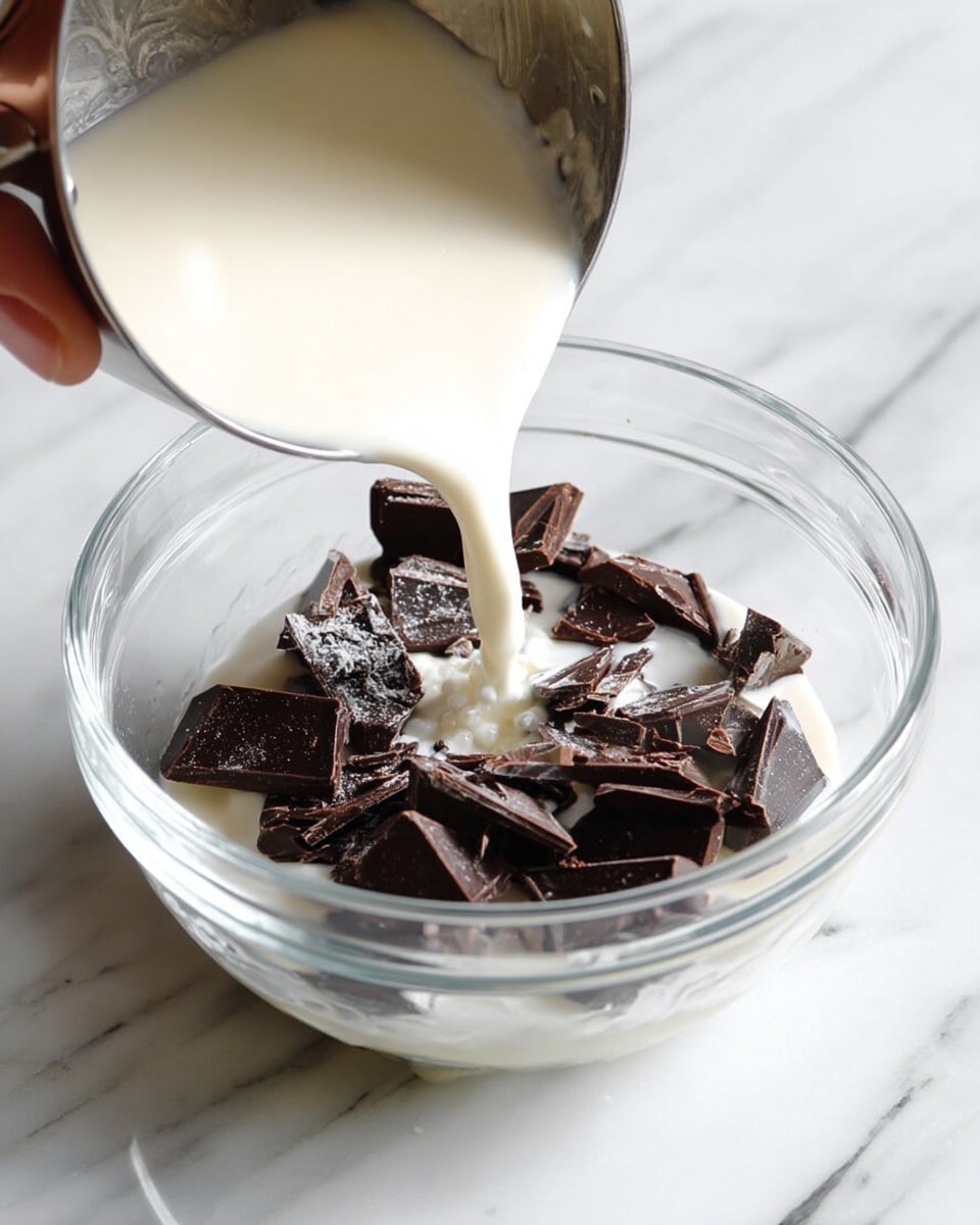A clear glass bowl filled with broken dark chocolate pieces in the bottom layer, with a creamy white liquid being poured over them from a metal container held by a woman's hand above the bowl, all placed on a white marbled surface. The chocolate pieces are dark brown with a smooth texture, while the white liquid looks thick and slightly frothy as it makes contact with the chocolate. Photo taken with an iphone --ar 4:5 --v 7