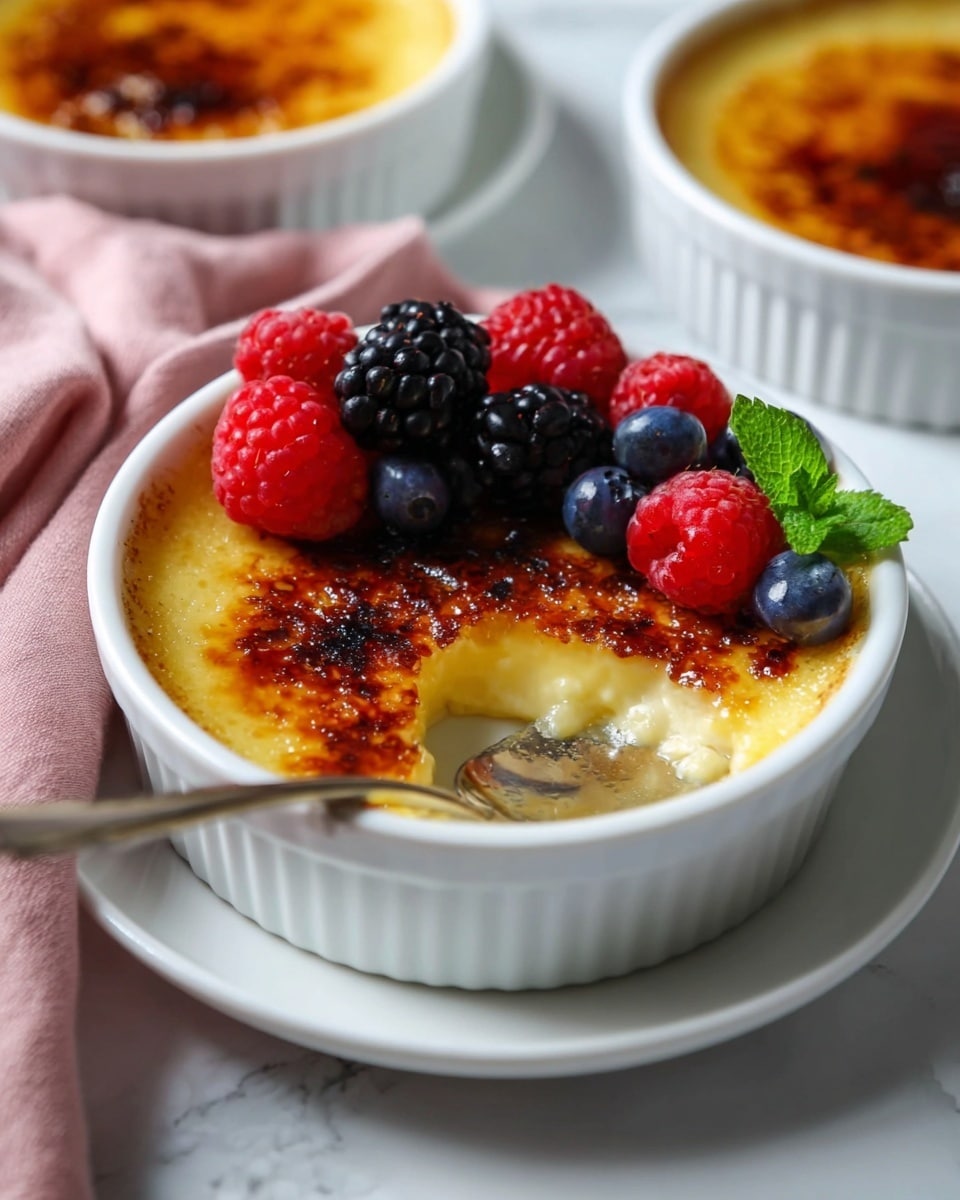 A small white round dish holds a creamy yellow custard dessert with a burnt caramelized sugar top layer that is shiny and cracked where a spoon has been dipped in. On one side of the dish, fresh berries including red raspberries, blackberries, and dark blue blueberries are placed, adding vibrant red, black, and blue colors with small green mint leaves for contrast. A silver spoon rests inside the dish on a white plate beneath it, all set on a white marbled surface. A pink cloth is partially visible on the left side and two similar dishes with the same dessert and berry topping are blurred in the background. Photo taken with an iphone --ar 4:5 --v 7