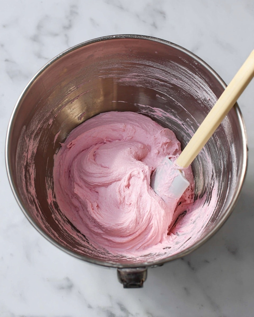 A metal mixing bowl holds a single layer of thick, creamy pink batter with a smooth texture and some small darker pink streaks. A wooden spatula with a light-colored handle rests inside the bowl on the right side, partially covered with batter. The bowl sits on a white marbled surface with soft gray veining. The inside sides of the bowl have streaks showing where the batter was mixed. photo taken with an iphone --ar 4:5 --v 7