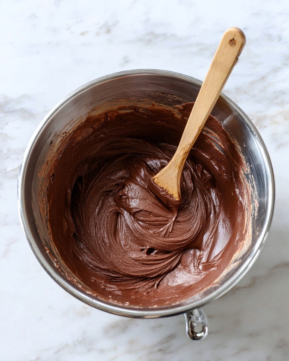A shiny metal bowl holds a thick, smooth chocolate batter that is swirled with a wooden spatula resting inside. The batter is dark brown with a creamy texture and clings to the sides of the bowl, showing some light streaks where it was mixed. The bowl is set on a surface with a white marbled texture, adding a clean and bright background to the scene. photo taken with an iphone --ar 4:5 --v 7