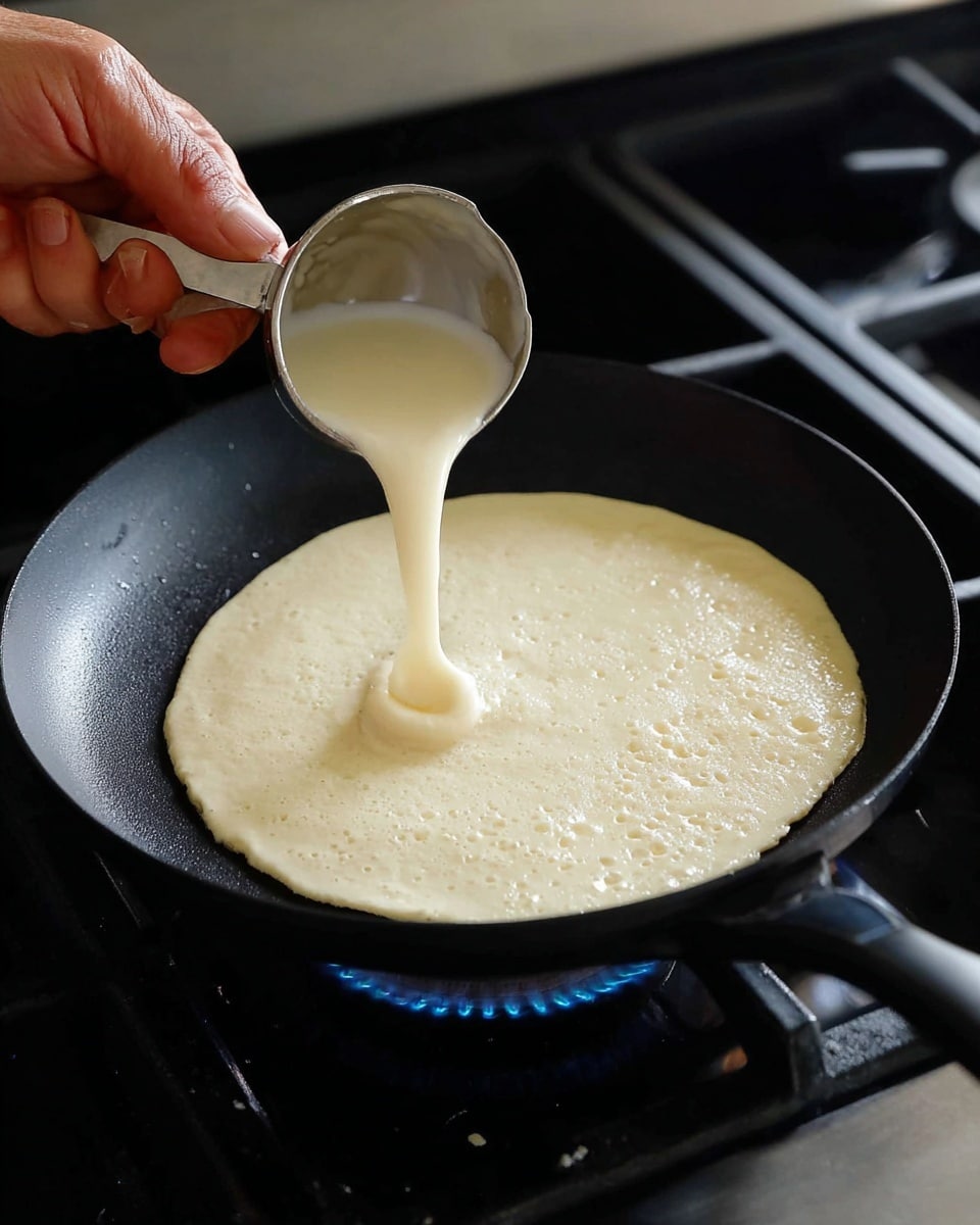 A close-up view of a single layer of pale yellow pancake batter being poured from a small silver measuring cup held by a woman’s hand into the center of a black frying pan. The batter spreads slightly, forming an uneven circular shape with a smooth and slightly bubbly texture forming around the edges. The frying pan rests on a black stove burner, which is lit with a visible blue flame beneath it. The scene captures only one layer of batter mid-pour with a clear focus on the liquid batter’s creamy texture. photo taken with an iphone --ar 4:5 --v 7