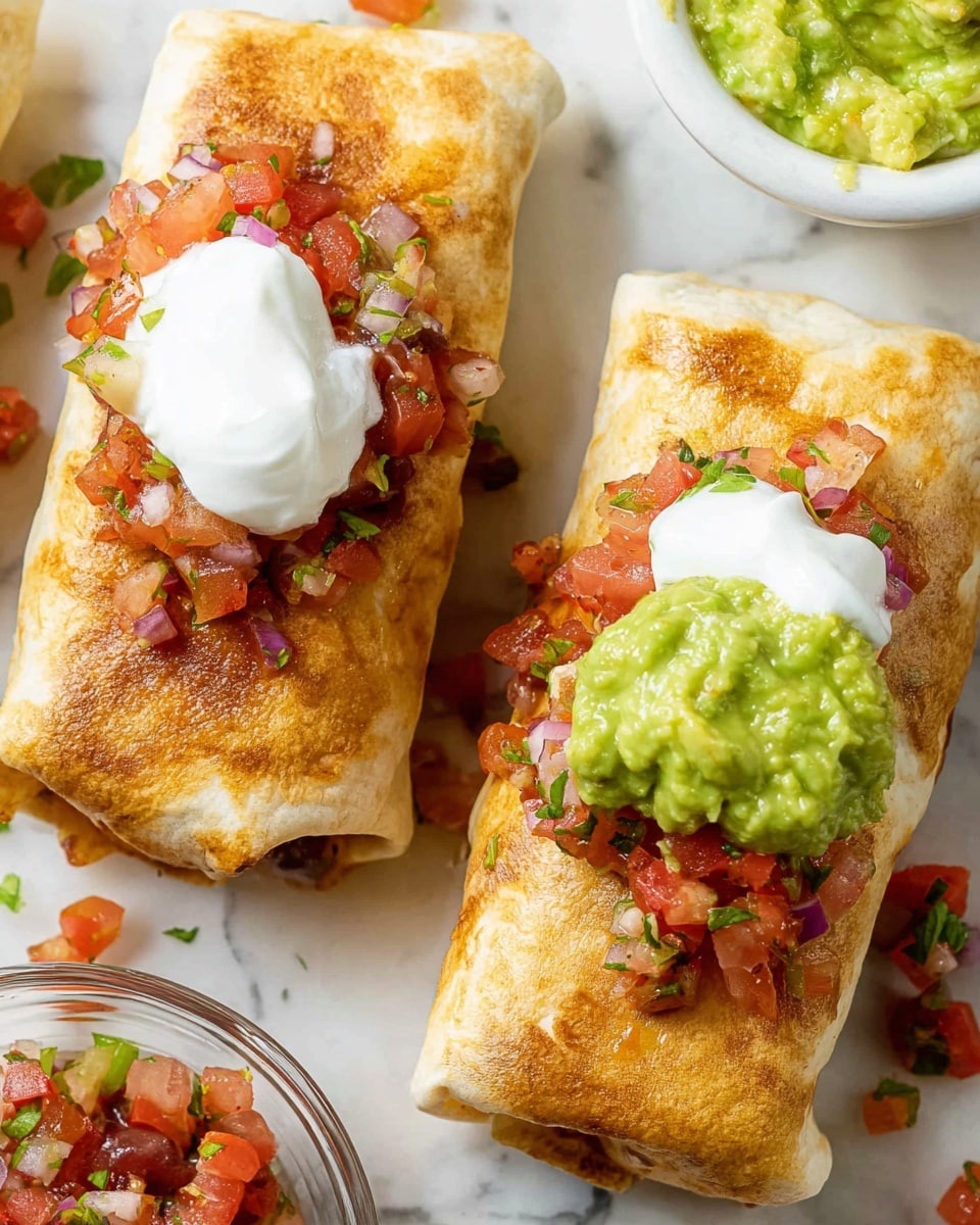 Two rolled burritos sit on a white marbled surface. Each burrito has a golden light brown toasted tortilla wrapped tightly, with three toppings placed on top in a row: a scoop of smooth green guacamole on the right, a heap of chunky red, green, and purple salsa in the middle, and a dollop of thick white sour cream on the left. Small pieces of salsa are scattered around the burritos. In the background, there is a white bowl filled with more salsa and a glass container holding guacamole. Photo taken with an iphone --ar 4:5 --v 7