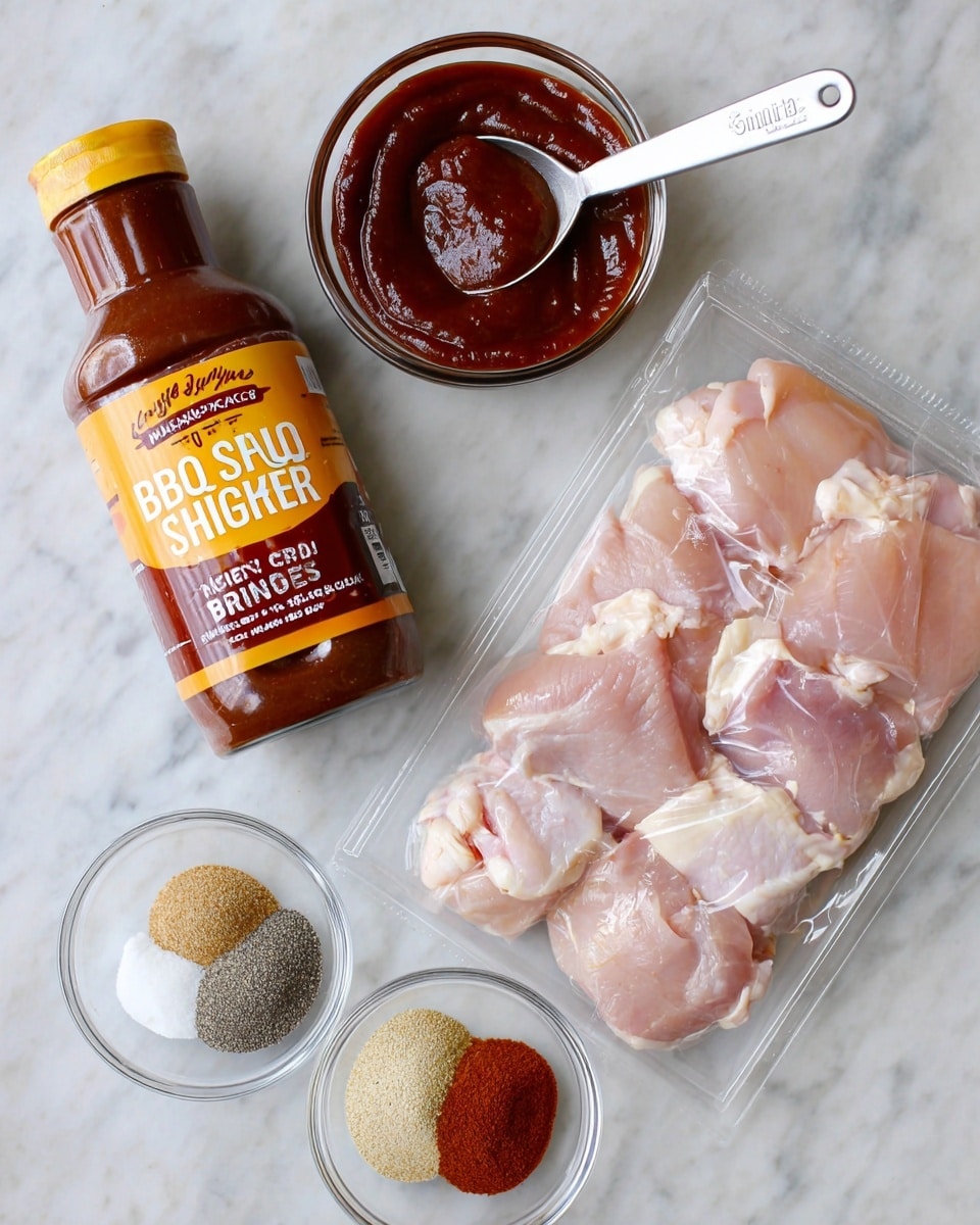 The image shows a clear plastic package of raw boneless, skinless chicken thighs with pale pink meat and some white fat layered closely inside the tray, placed on a white marbled surface. To the left of the package is a glass bottle of brown sugar BBQ sauce with a dark brown cap and an orange label with white and yellow text. Above the chicken, there is a metal measuring spoon filled with thick, dark reddish-brown BBQ sauce. Below the chicken package, there are two small clear glass bowls: the left bowl contains four separate piles of spices in black, white, beige, and red colors, while the right bowl contains a finely ground reddish-brown spice. photo taken with an iphone --ar 4:5 --v 7