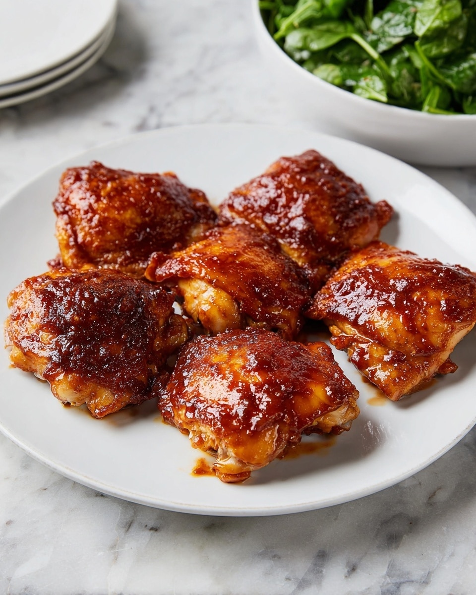 A white round plate holds six pieces of cooked chicken thighs, each covered with a shiny, reddish-brown barbecue sauce. The chicken pieces are arranged in two rows with three pieces each, showing a slightly crispy, glazed texture. The sauce looks thick and sticky, giving the chicken a rich, appetizing shine. The plate is set on a white marbled surface, and in the blurred background to the right, there is a white bowl filled with fresh, chopped green spinach leaves. Photo taken with an iphone --ar 4:5 --v 7