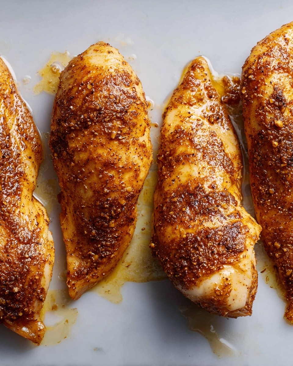 Four pieces of well-seasoned cooked chicken are placed in a row on a white marbled surface. Each piece shows a golden brown color with darker spices evenly coating the outside. The texture looks slightly shiny with some areas glistening from the oils and juices. The pieces vary slightly in size and shape but all have smooth, firm skin with visible spice granules. There are small pools of oil and seasoning juices around the chicken, adding a rich, warm tone to the image. Photo taken with an iphone --ar 4:5 --v 7