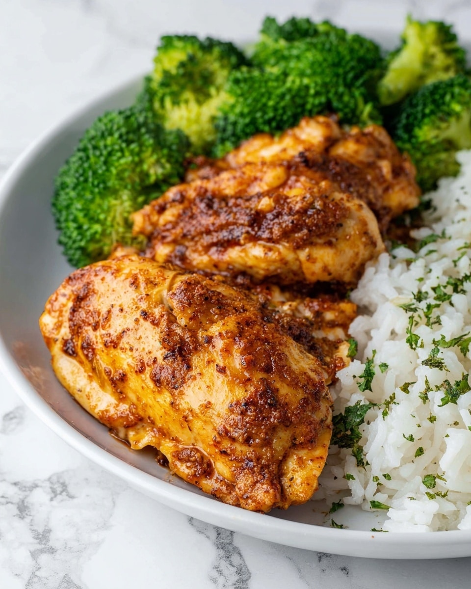 The image shows a white plate with three main layers of food: on the left front, two pieces of golden-brown cooked chicken with a spicy seasoning that gives a crispy texture and shiny surface; behind the chicken, bright green steamed broccoli florets with a slightly rough texture; on the right side, a layer of white rice mixed with small green herbs, giving it a fluffy and soft appearance. The plate is placed on a white marbled surface. Photo taken with an iphone --ar 4:5 --v 7