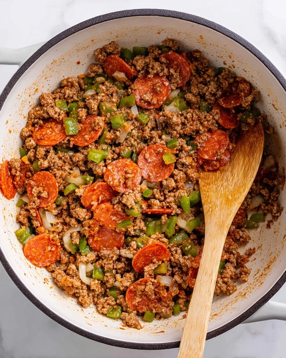 Inside a white pot with a dark rim, there is a mix of cooked ground meat, small green pepper pieces, white onion bits, and scattered slices of reddish pepperoni. The texture looks crumbly for the meat and slightly soft for the vegetables, with some spices sprinkled throughout. A wooden spoon with a smooth round end is resting on the right side inside the pot. The pot is placed on a white marbled surface. photo taken with an iphone --ar 4:5 --v 7