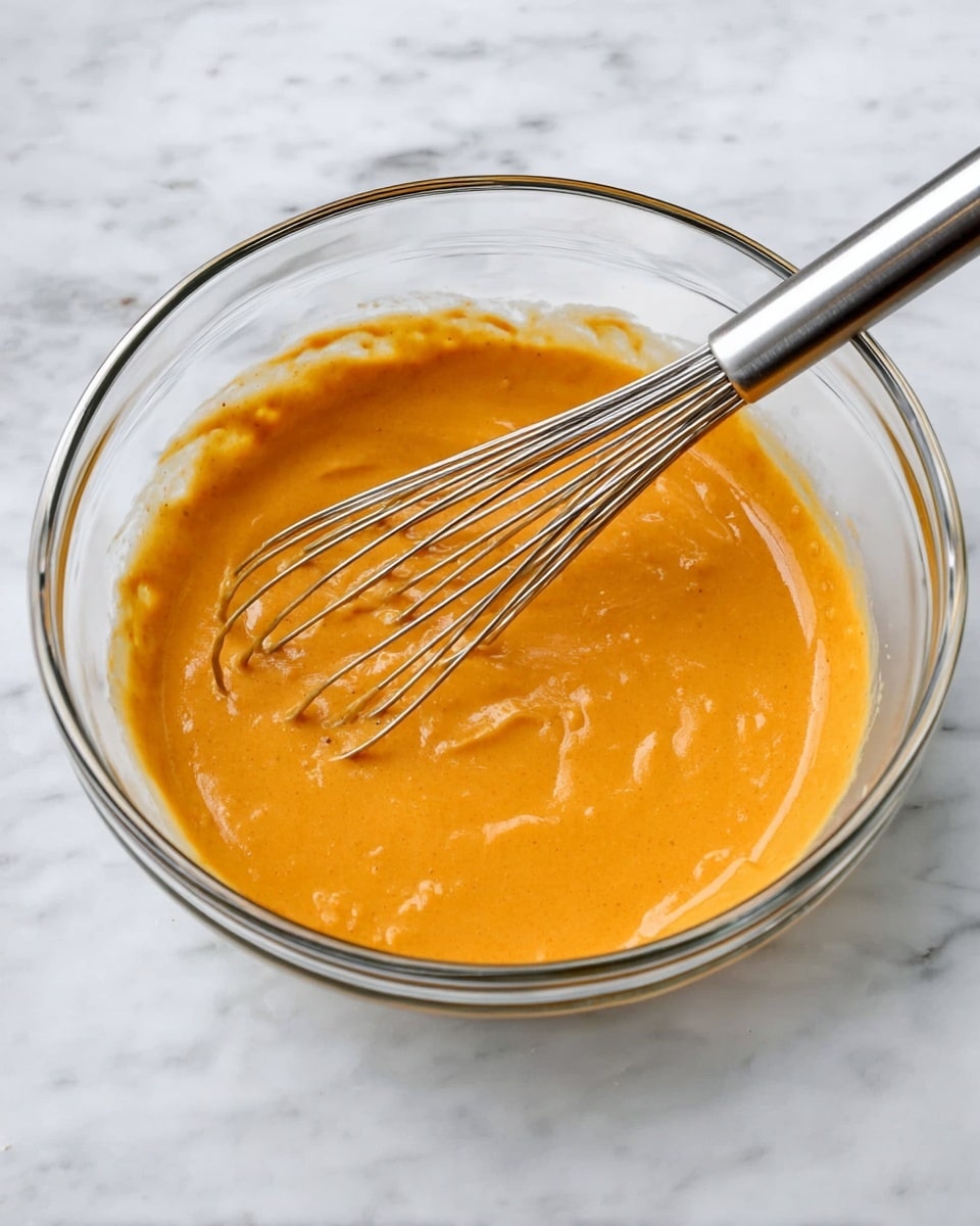 A clear glass bowl holds a smooth, thick orange batter with some small lumps, filling about a third of the bowl. A shiny metal whisk rests inside the bowl, partly coated with the batter, showing thin metal wires and a solid handle extending out. The scene is set on a white marbled surface, giving a clean and bright background. photo taken with an iphone --ar 4:5 --v 7