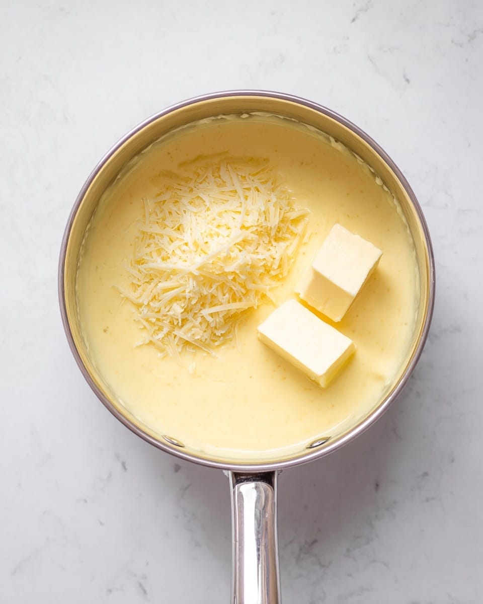 A top view of a metal saucepan filled with creamy yellow sauce with a smooth texture. Inside the sauce, there are three small square pieces of light yellow butter melting on the right side and a small pile of finely shredded pale yellow cheese on the left side, resting on top of the sauce. The saucepan has a shiny silver handle extending to the right. The pan sits on a white marbled surface. photo taken with an iphone --ar 4:5 --v 7