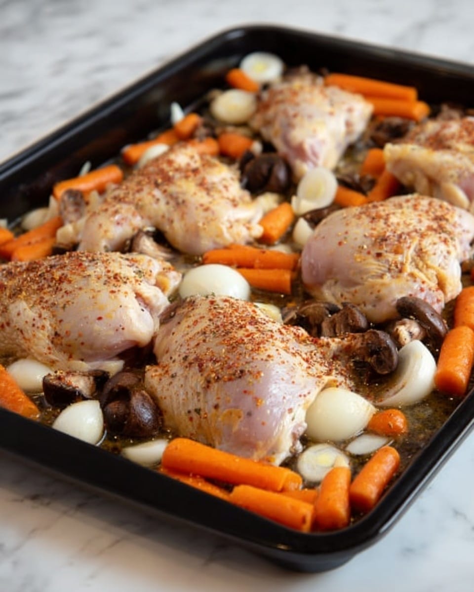 A black baking tray filled with uncooked chicken pieces and sliced vegetables sits on a white marbled surface. The tray has five chicken pieces spread out, each seasoned with visible red and brown spices. Around the chicken, there are sliced orange carrots, white onion rings, and small dark brown mushrooms, all mixed in with some oil. The close-up shot shows the texture of the raw chicken skin and the wet, shiny vegetables. photo taken with an iphone --ar 4:5 --v 7