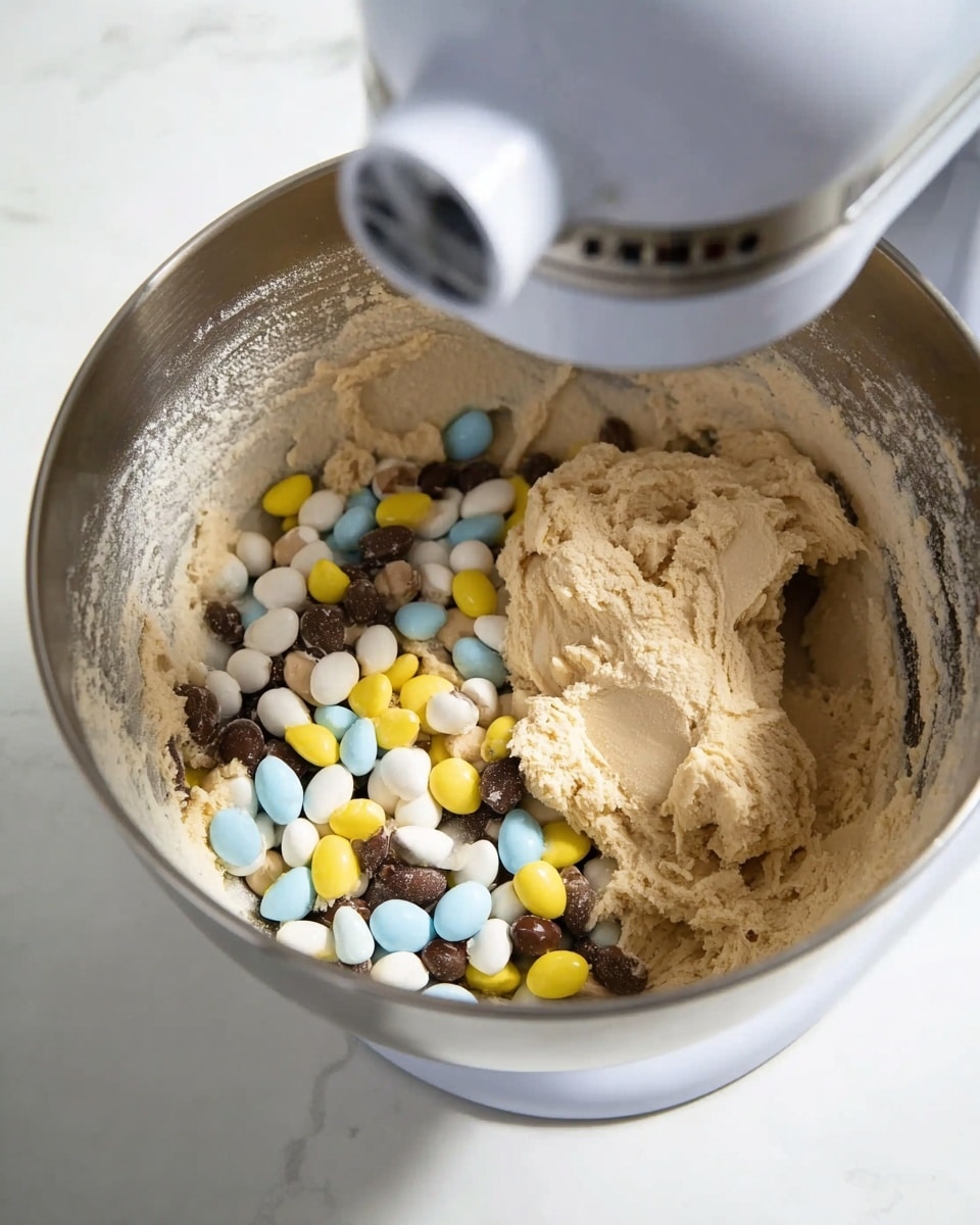 A metal mixing bowl attached to a white stand mixer on a white marbled surface holds a thick, pale beige dough on one side and a pile of broken small candy-coated chocolate eggs in pastel blue, yellow, white, and brown colors on the other side. The surface of the dough looks slightly crumbly but moist, and there is some white powder dusted around the sides of the bowl. The top part of the white stand mixer is visible above the bowl as if a woman's hand had just lifted it. photo taken with an iphone --ar 4:5 --v 7