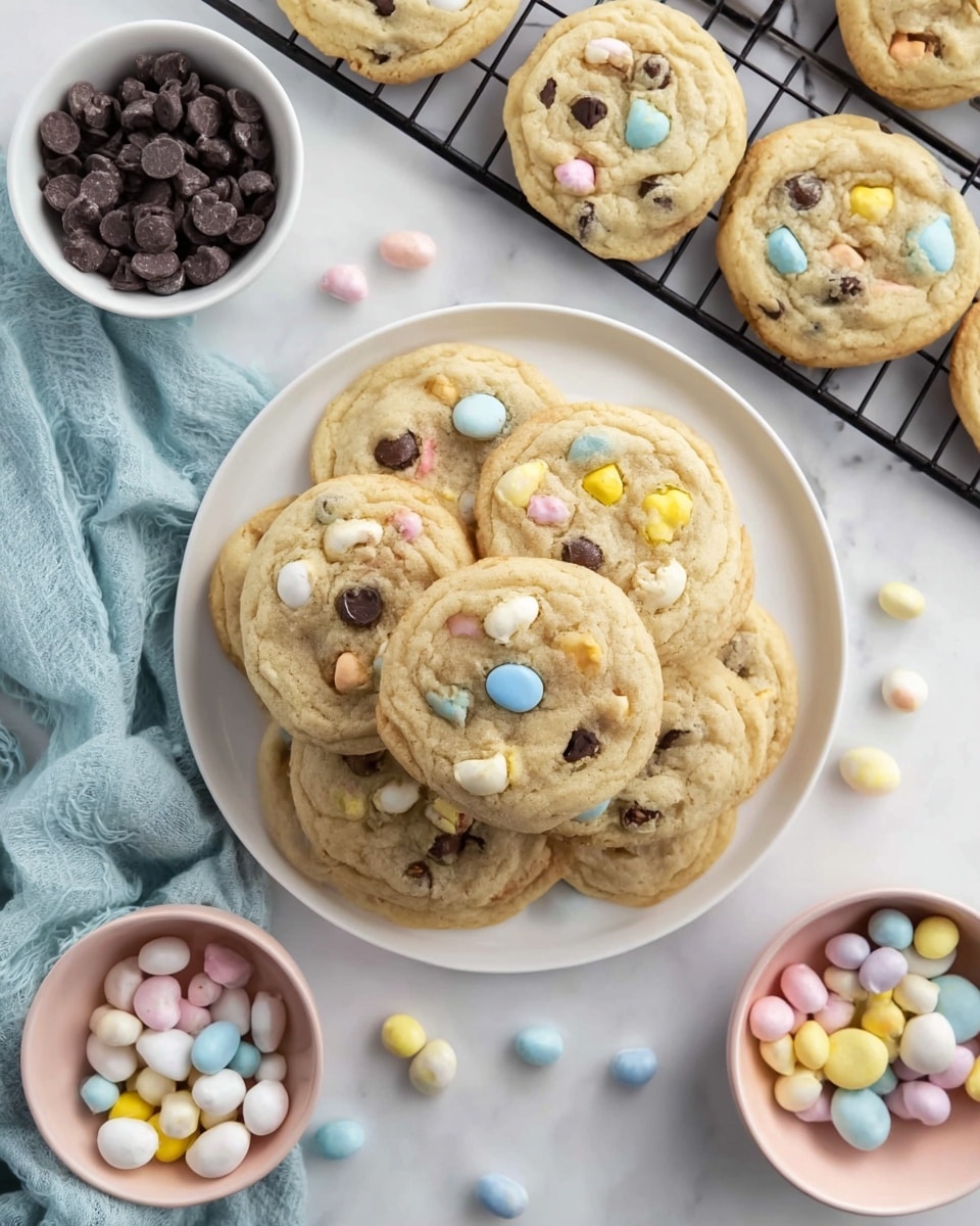 A group of soft, round cookies are stacked on a white plate in the center. Each cookie is pale golden brown with slightly cracked tops, showing parts of colorful pastel candy pieces in yellow, blue, white, and pink, some broken to show chocolate inside. The cookies have a soft texture with small dark chocolate chips scattered throughout. To the upper left, there is a small white bowl filled with dark chocolate chips, and in the lower right, a pink bowl holds a mix of whole pastel candies matching those in the cookies, spilling a few onto the white marbled surface. A light blue cloth is partly visible to the left, and in the upper right corner, more cookies rest on a black wire cooling rack. Photo taken with an iphone --ar 4:5 --v 7